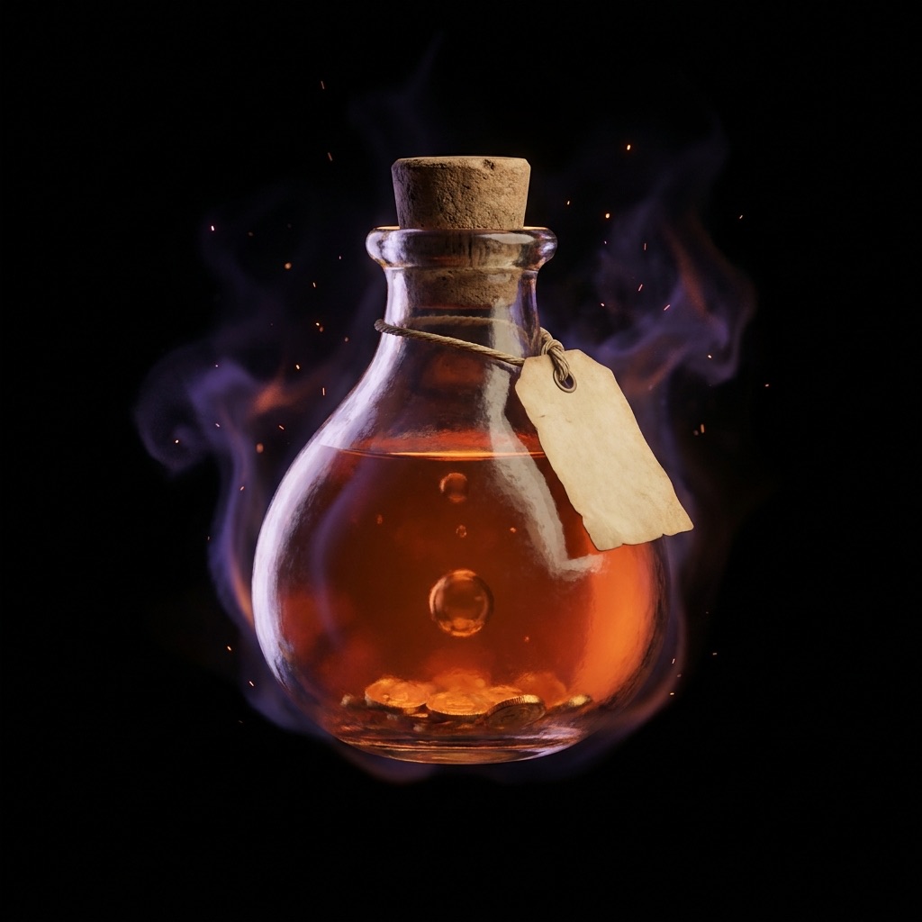 A plump corked potion bottle resting dimly, gold coins settled at the bottom