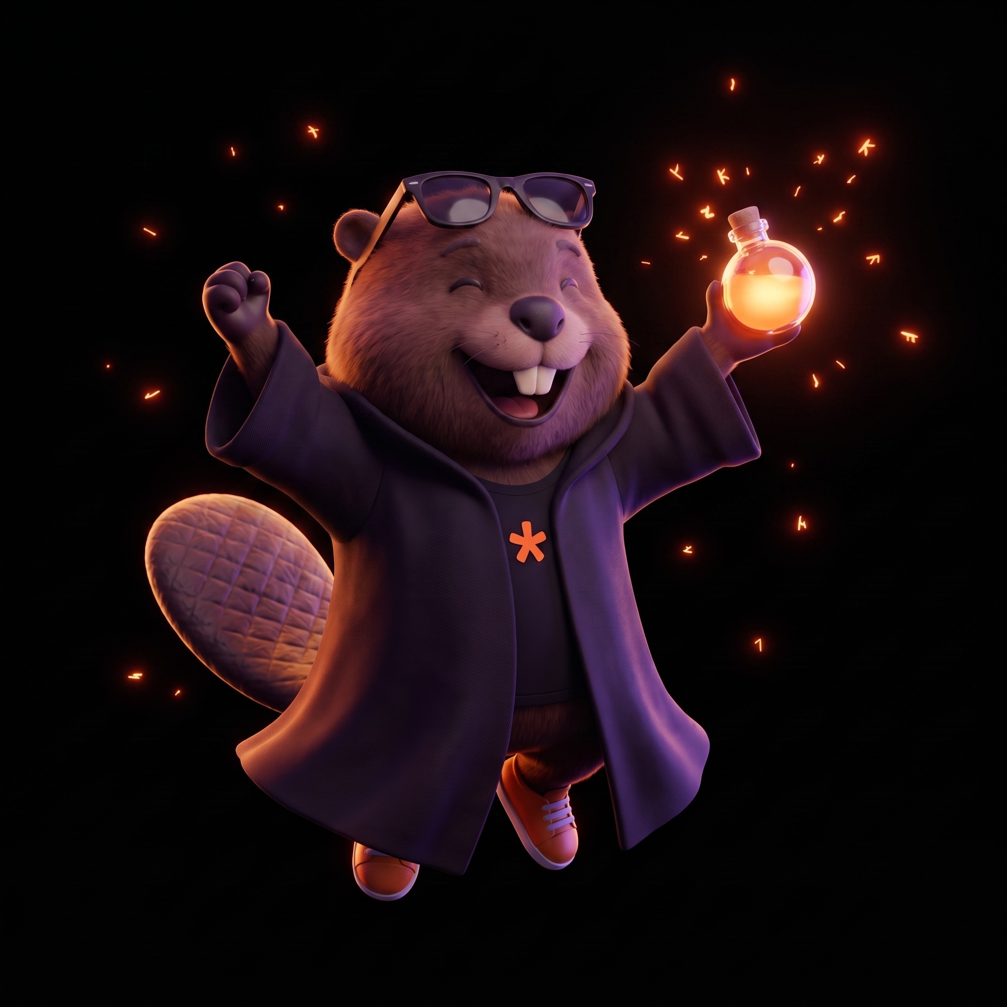 The beaver wizard celebrating, hood down, raising a glowing potion bottle